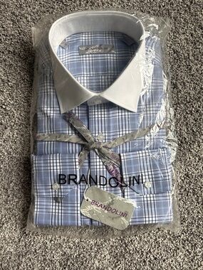 Brandolini Men’s Blue Plaid Dress Shirt with White Contrast Collar